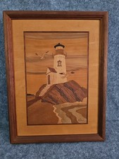 Vtg Marquetry Hudson River Wood Inlay Lighthouse Rock Nelson. Nautical, Ocean.