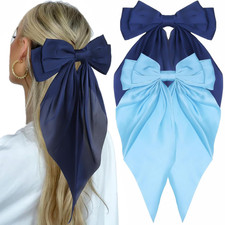 2PCS Hair Bows for Women Blue Hair Bow Clips, Big Silky Satin Navy Blue Bow for