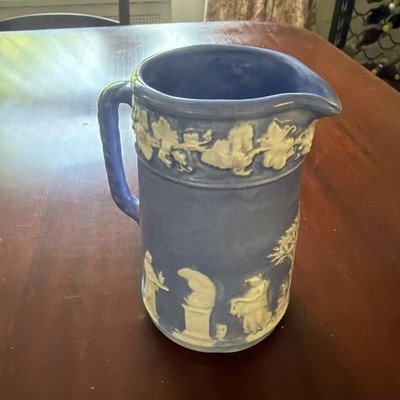 Vintage Wedgwood Celeste Blue Queensware Pitcher 5.75  Classical Figures Glazed