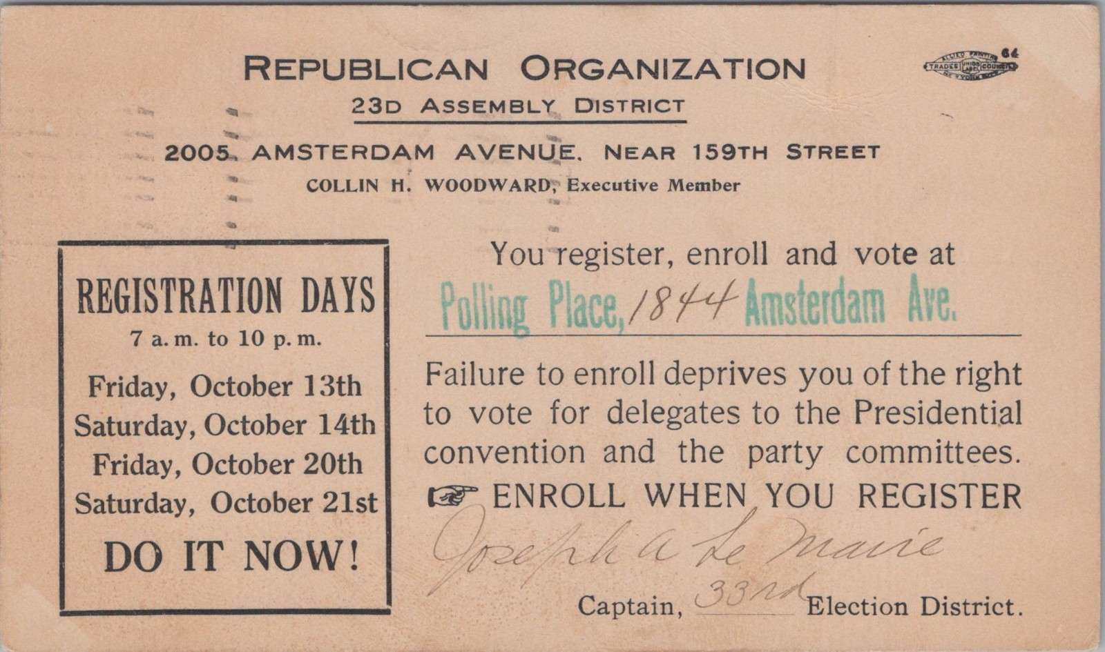 1911 Republican Org Nyc Ny 23D Assembly Voter Registration Presidential Conv Ad