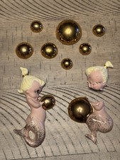 Baby Vintage Chalkware Mermaid Wall Decor Bubbles Gold Freeman McFarland