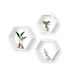 White Hexagon Floating Shelves Set of 3, Wood Hanging Organizer Shelves for Wall