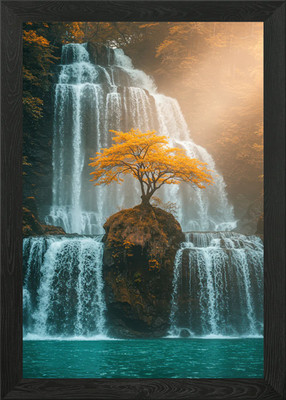 Waterfall with Golden Tree Landscap Framed Wall Art Poster Canvas Print Picture