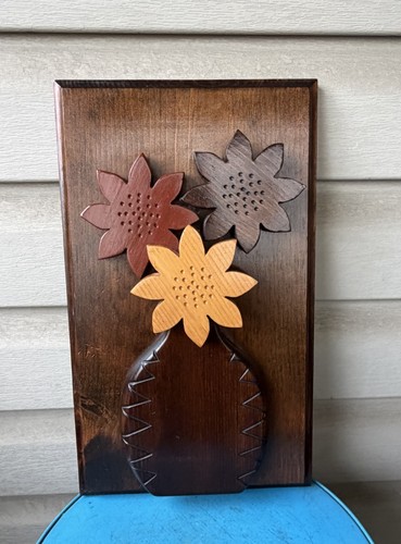 Vintage MCM Flowers 3D Carved Folk Art Stained Wood Wall Art Plaque 15"