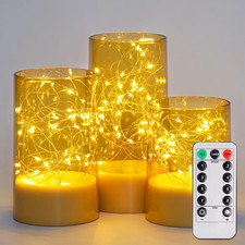 Flickering Flameless Candles with Remote, Embedded String Lights in Acylinder LE