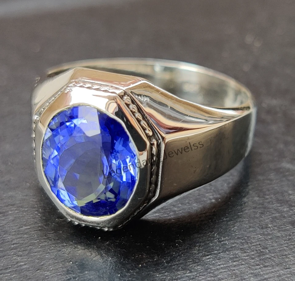 Мужское кольцо ручной работы с натуральным драгоценным камнем танзанитом из стерлингового серебра 925 пробы - Изображение 3 из 4