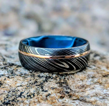 Handmade Damascus Steel Ring   Unique Patterned Metal Band, Rustic Men  s Wedding