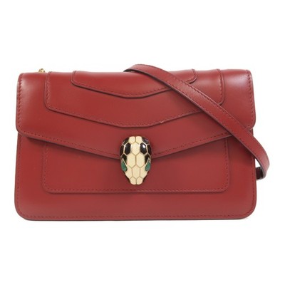 BVLGARI GHW Serpenti Forever Wallet On Chain Shoulder Bag Calfskin Leather Red