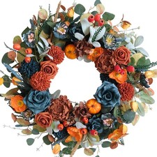 24-inch Fall Wreath Handcrafted Blue Orange Hydrangeas Roses Pumpkins