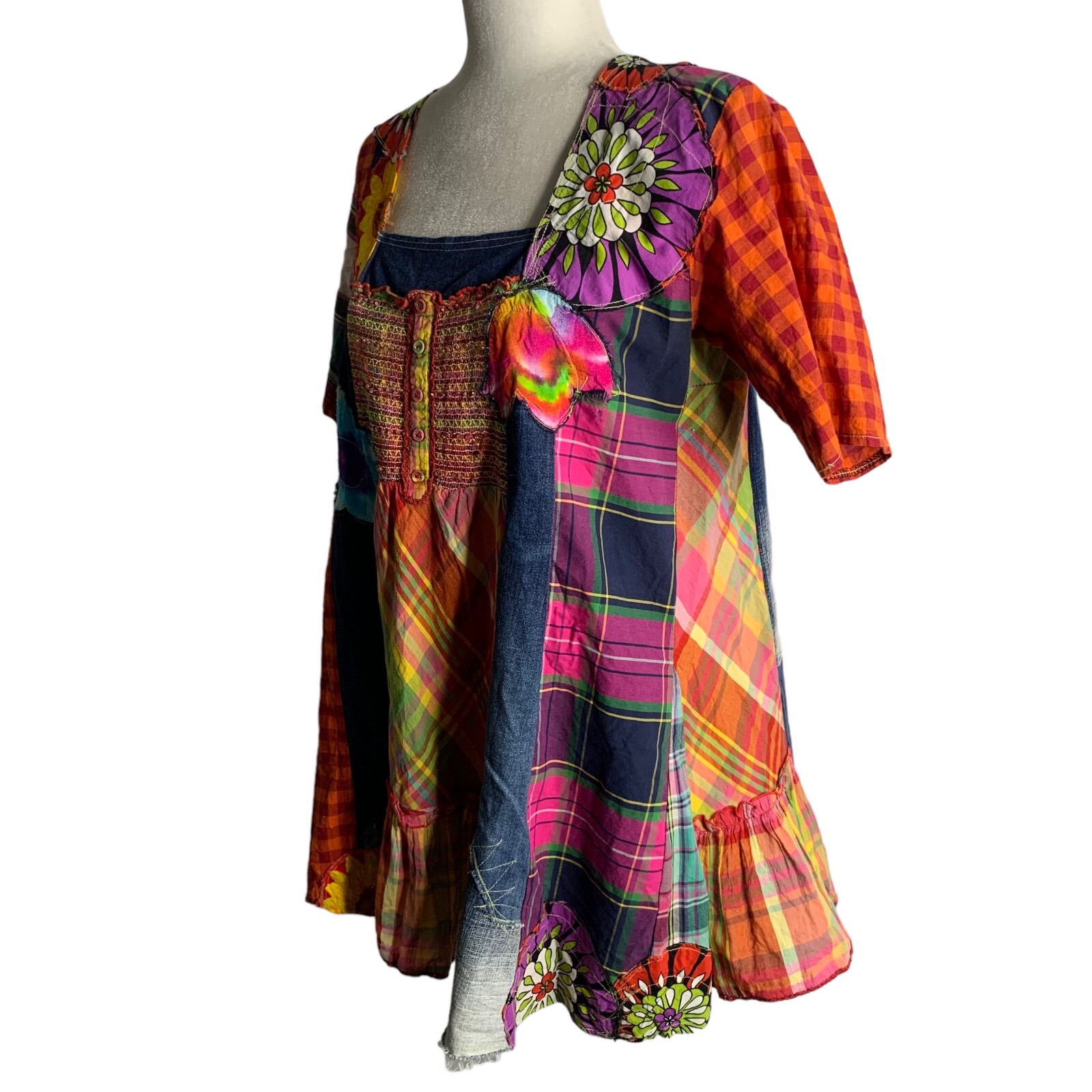 Handmade Patchwork Babydoll Top S Multi Square Ne… - image 3