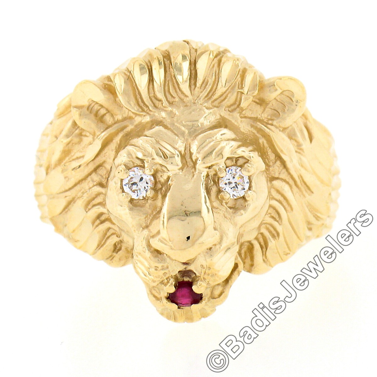 Mens 14k Yellow Gold .13ct Ruby Diamond Eyes Detailed Textured 3D