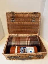 Vintage '70's Picnic Basket Wicker Suitcase Leather Handle And Closure NEW NOS
