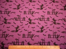 Halloween Quilt Fabric By Yard Black Witch on Brooms Bats Cats Purple Cotton C