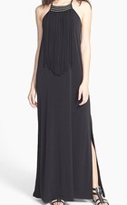NWT $160 MICHAEL Michael Kors Beaded Fringe Jersey Maxi Dress Black XS S