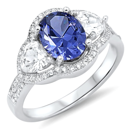 Sterling Silver .925 CZ Women's 3 Stone Oval Tanzanite Fashion Promise Ring 5-10 - Afbeelding 1 van 5