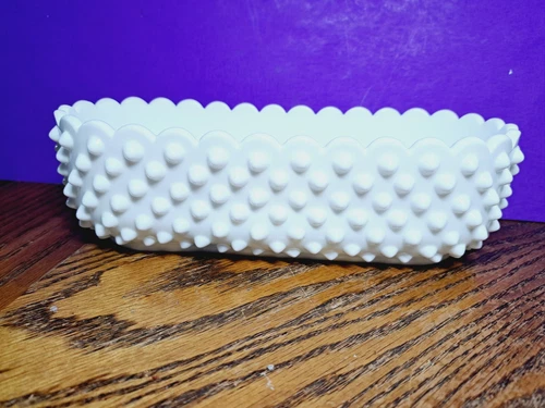 Fenton Hobnail White Oblong 10'' Planter/Dish With Scallop Edge