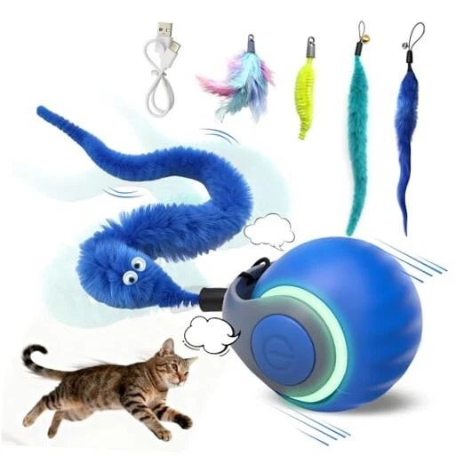 1 PCS Interactive Cat Toy Ball,Newly Speedy Tail and Moving Cat Tail Toy, Blue