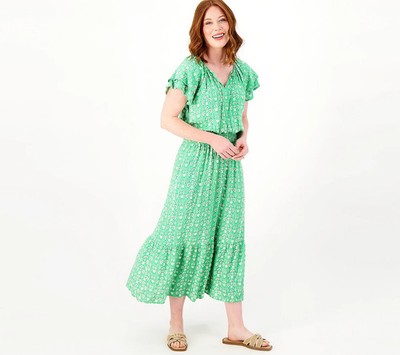 Destination 365 Reg Printed Short-Sleeve Midi Dress w/Smocking Green XXS A596751