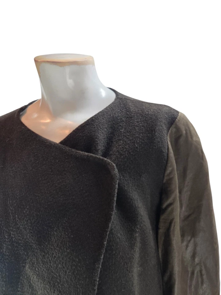 Vince Women's Coat Large Military Green Wool Leather Trim Vintage Draping - Image 4 of 4