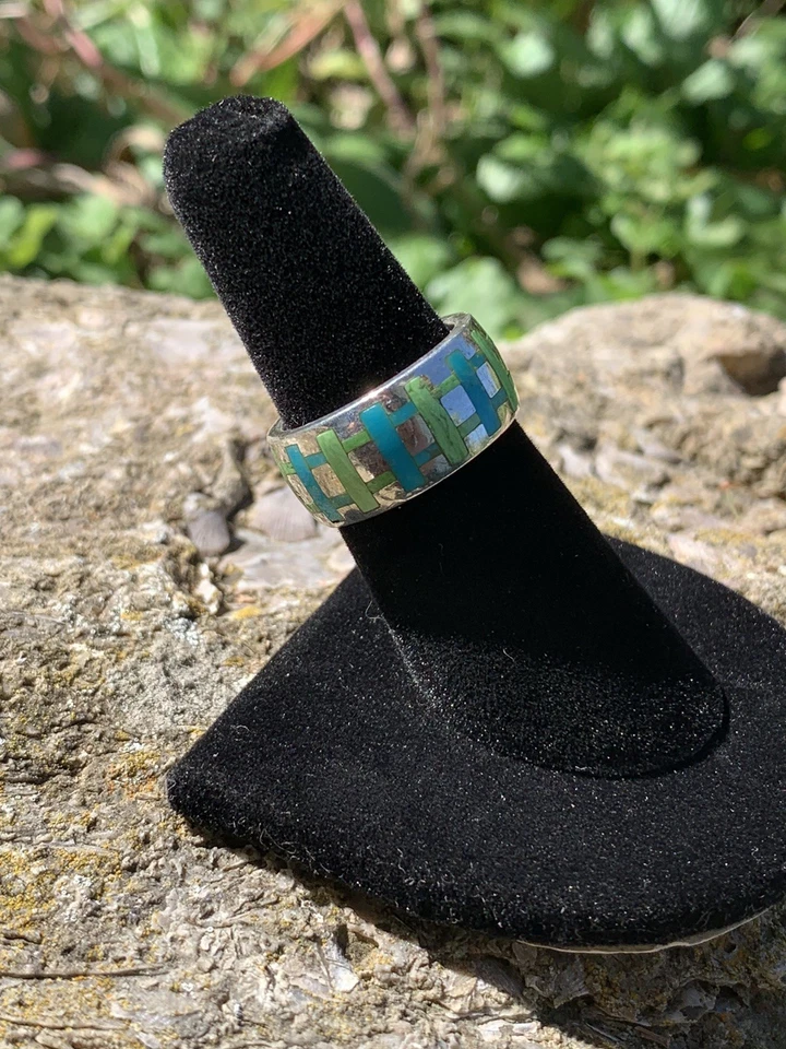 Catálogo Sundance Banda Plata de Ley 925 Incrustaciones Turquesa Talla 7 Firmada Foto 2 de 4