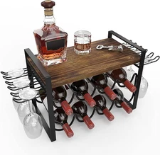 Wine Rack for Countertop, Metal Tabletop Wine Holder, Natural Wood 8 Wine Bot...