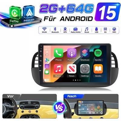 9'' 2+64GB Android 15 Apple Carplay Autoradio Für Fiat 500 2007-2015 Navi FM RDS