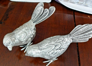 2 Vintage Silver Tone METAL Laqured Song Birds - Not tarnishing - Heavy DETAILED