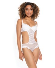 Coquette International Stretch Mesh Ruffled Teddy, White, Small