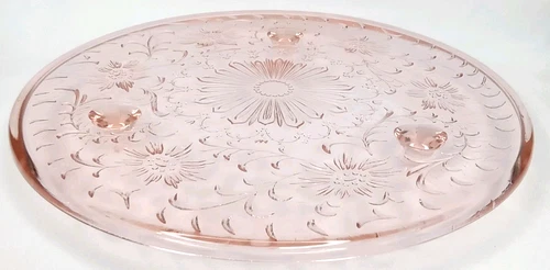 Antique Pink Depression Glass Footed Cake Plate Sunflower Pink Jeannette 1930s