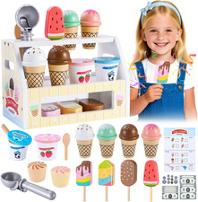 Mini Wooden Ice Cream Toys for Kids Pretend Play Kitchen Food Toys, Counter