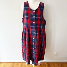 Vintage Women 90s Plaid Button Down Midi Dress Size 12P Classic Cottage Country