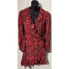 Aqua Wrap Dress in Red Animal Print w/Ruffle Detail Long Sleeves Size S NWOT