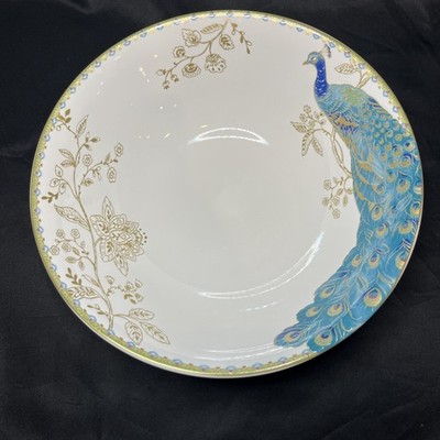 Vtg 222 Fifth Peacock Garden Serving Bowl 10  Porcelain Blue Gold Floral Bird