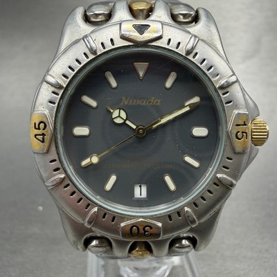 Nivada Dive Watch Men 35mm Gray Dial Two Tone Date Round  New Battery