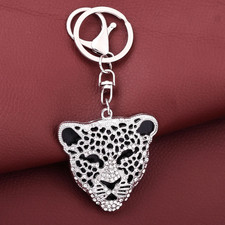 Luxury Leopard Keychain Crystal Animal Bag Charm Silver Car Keyring