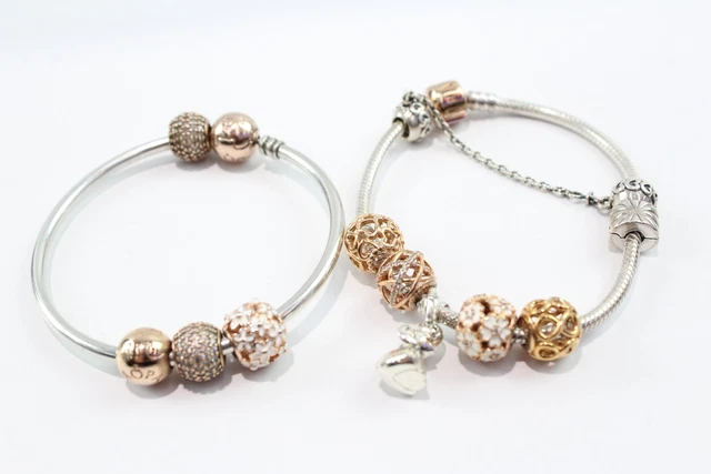 19 Pandora Sterling Silver Bracelet Bangle Enamel Safety Chain Flower x 2 (30g)