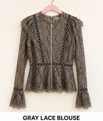 Cinq à Sept Gray & Black Floral Lace Zip-Front Bell Sleeve Blouse Women M