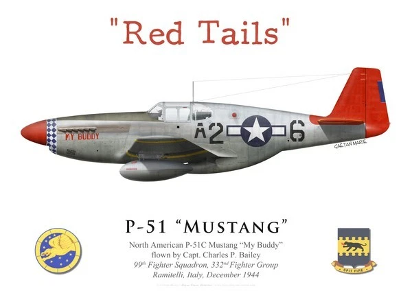 Print P-51C Mustang, Capt. C. Bailey, 99th FS, 332nd FG "Red Tails" (by G.Marie)