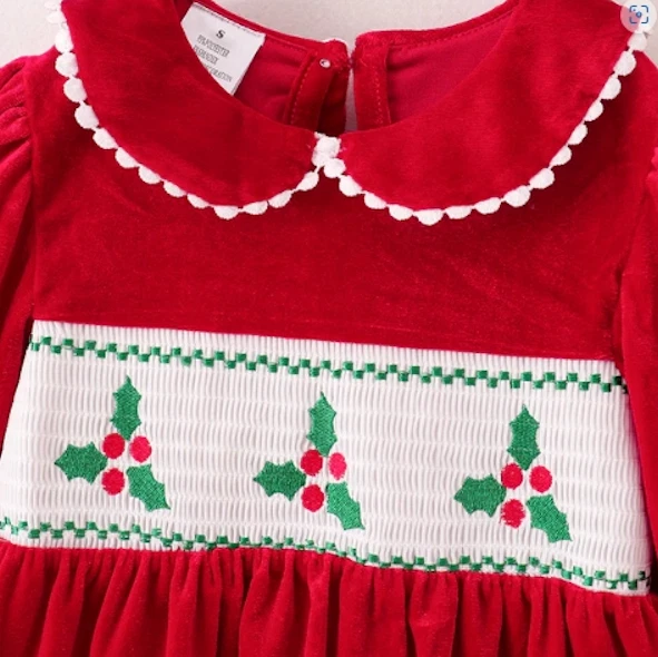 NUEVO Vestido Boutique de Terciopelo Bordado Calado Acebo de Navidad Niñas Foto 2 de 4