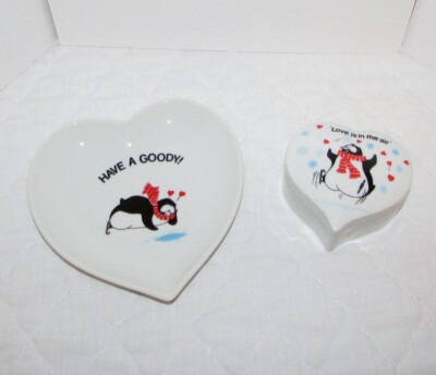 Vintage American Greetings 1982 Penguin Porcelain Trinket Box & Plate Lot 1980s