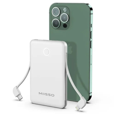 Miisso 6000mah Ultra Slim Built in Cables Power Bank Card Size USB C Cords White