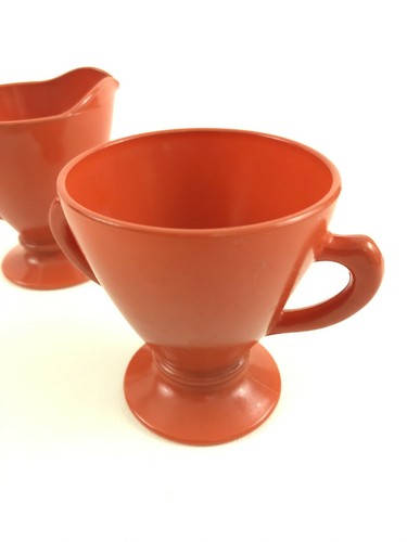 Hazel Atlas platonite moderntone creamer & sugar bowl OVIDE orange / rust 1950s - Picture 2 of 4