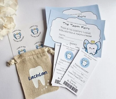 Tooth fairy bundle or single pink blue orange stickers bag receipts certificates
