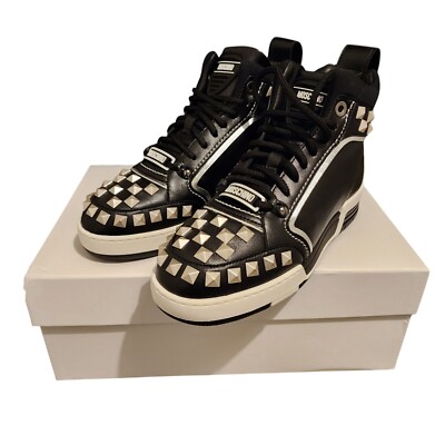 MOSCHINO Streetball Sneakers 44 US 11 Leather Studded Biker Teddy Black Hi Top