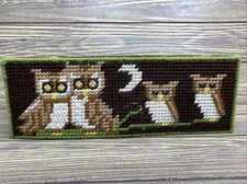 Vintage Handmade Cross-stitched Tissue Kleenex Box Cover Brown White Owls