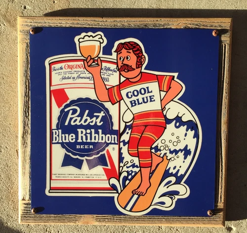 Pabst Blue Ribbon Beer PBR Cool Blue Surf Surfing Surfer Vintage Framed Sign USA