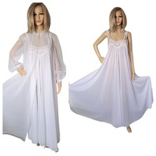 Vtg Bridal White Vanity Fair Nightgown  Peignoir Robe Set Chiffon Nylon Sweep