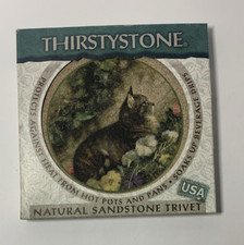 ThirstyStone Sandstone Trivet Cat In The Garden Flowers NEW Open Box