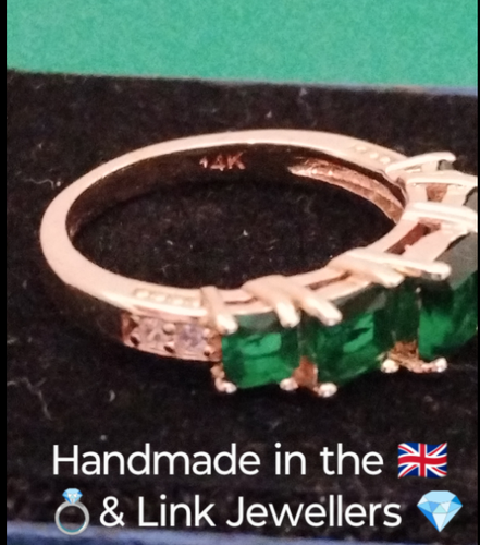 GN: Woman RoseGold Silver Ring Size R-S. 5 Princess Green Emeralds Simulated - Picture 4 of 6
