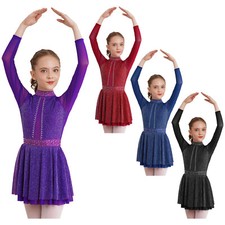 Youth Girls Dancewear Tunic Dress Latin Leotard Rumba Chacha Uniform Glittery